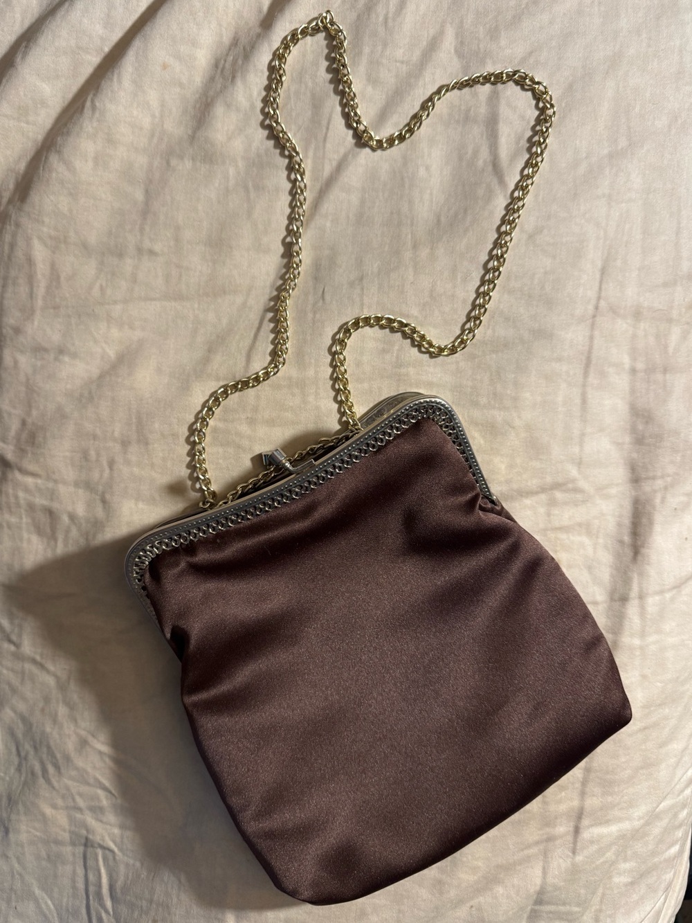 Brown Satin Evening Chain-Wristlet Clutch